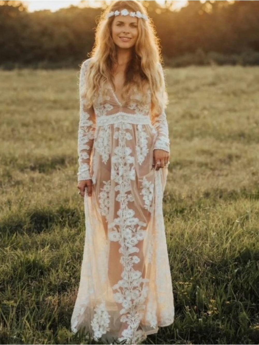For Love & Lemons Temecula Maxi Dress with White Floral Lace